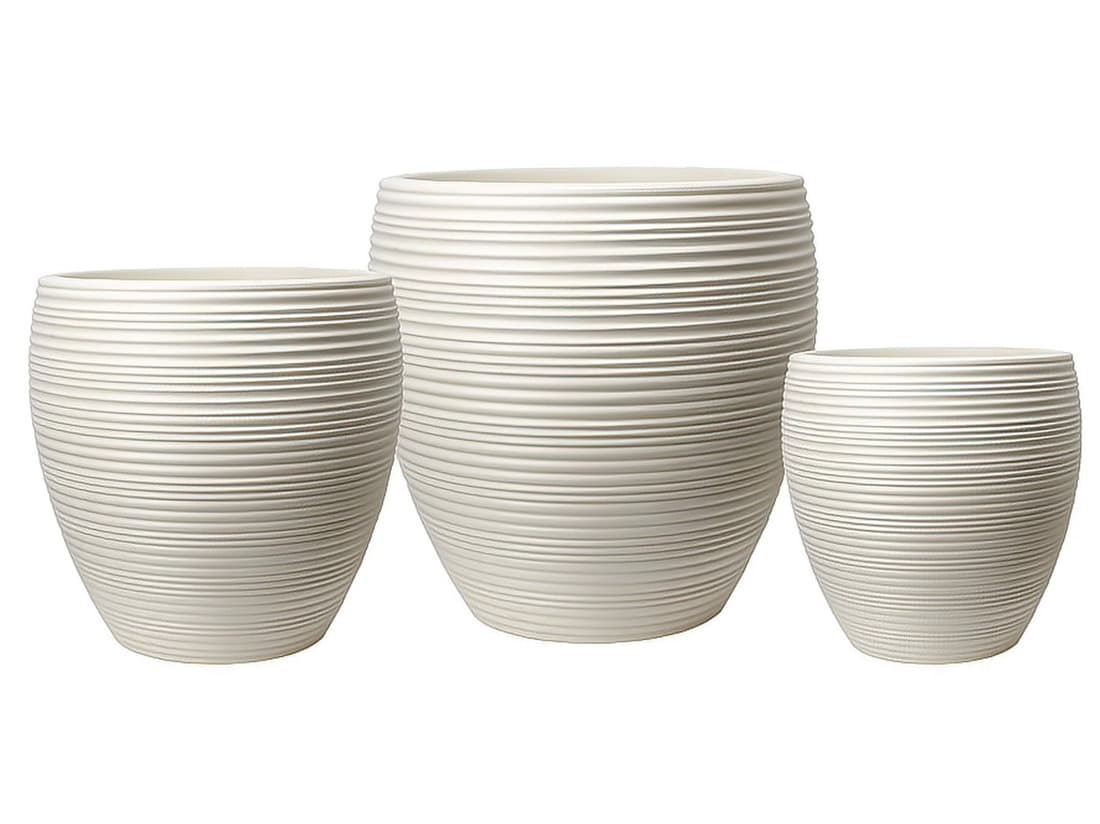 Set of three white ribbed fibreglass planters in graduating sizes with artificial plants, Everflorae planters and bases range