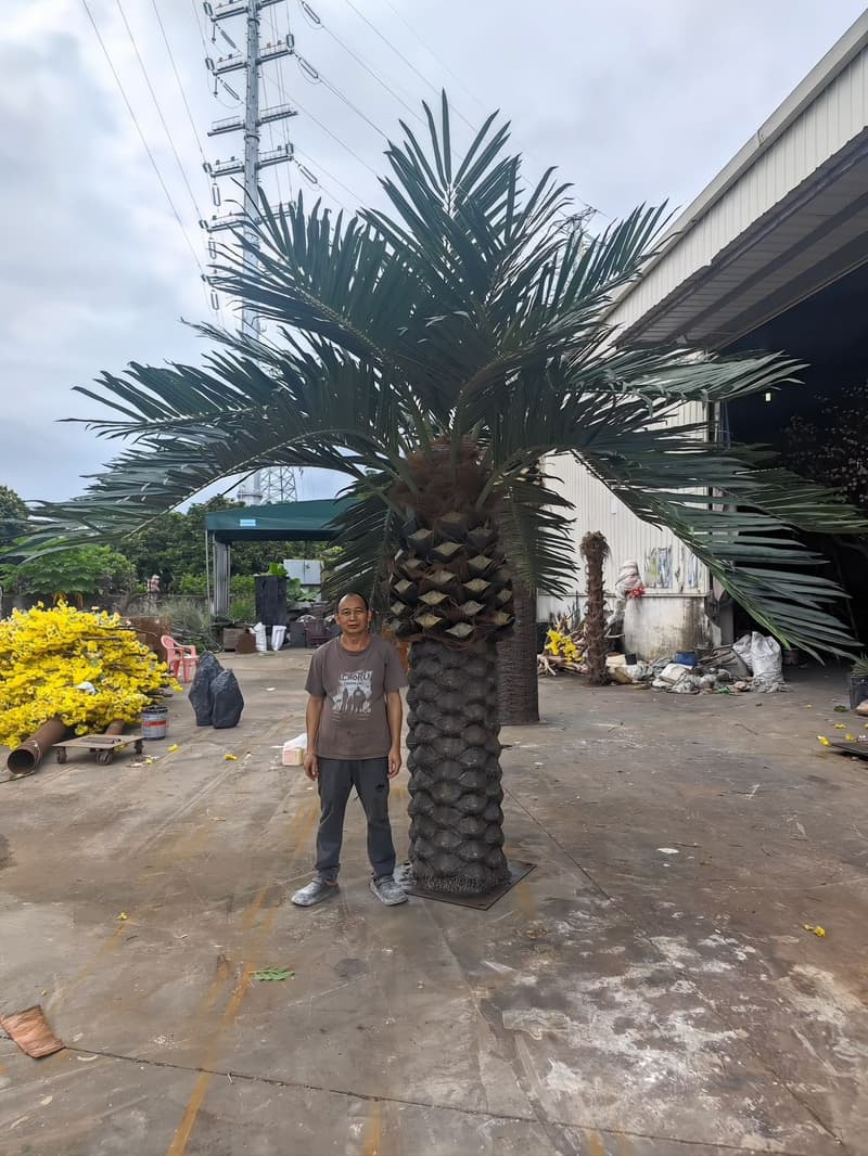 Date palm trunk photographed beside a 1.7 m reference figure, showing the carved diamond pattern that is painted panel by panel