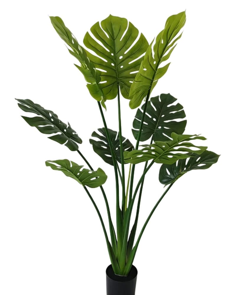 Artificial Monstera deliciosa plant with large split leaves on display