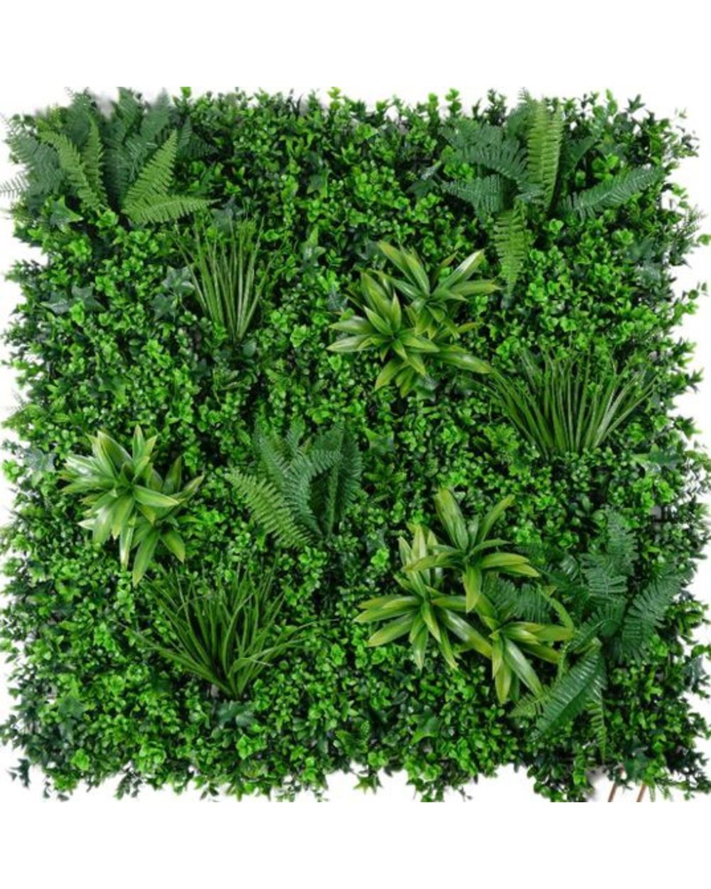 Artificial fern and vine green wall panel detail showing foliage density