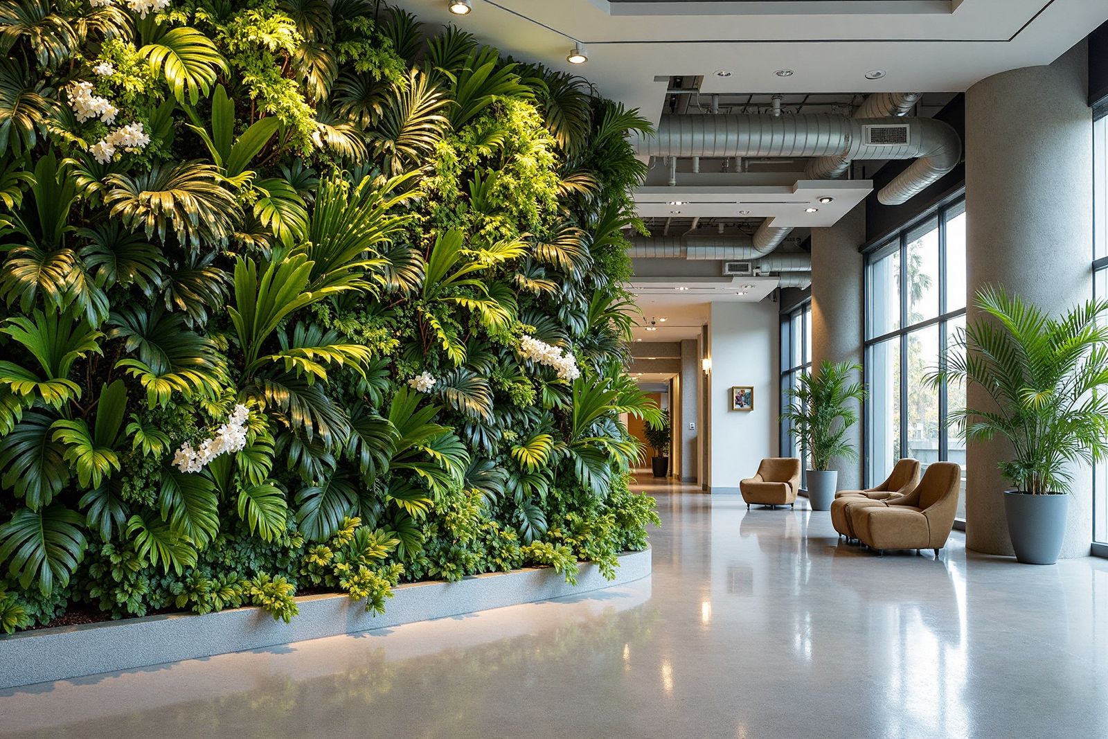Artificial palm trees and green wall installed in a hotel lobby