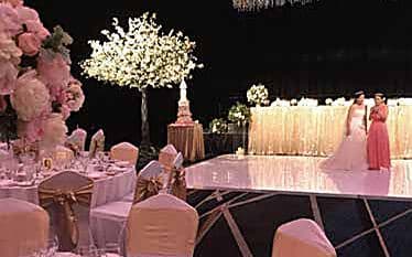 Artificial blossom trees at a banquet restaurant setting
