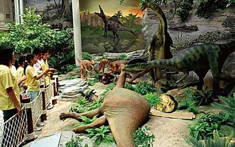 Artificial jungle foliage in a dinosaur museum theme attraction